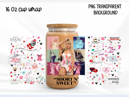 Pop Star Collage 16oz Glass Can Wrap PNG, Pink Singer Fan Cup design