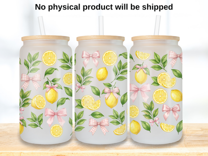 Lemon Bow 16oz Glass Can Wrap PNG, Watercolor Lemon Cup Wrap, Pink Bow Summer Libbey PNG