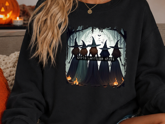 Girls Will Be Girls PNG, Witch Coven Halloween T-Shirt Design, Gothic Friendship Graphic