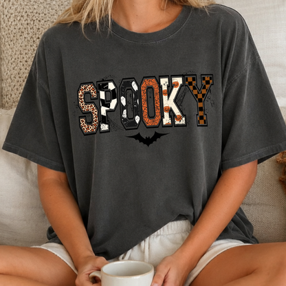 Spooky Pattern Letters PNG, Retro Halloween T-Shirt Design, Leopard Checker Sublimation Graphic