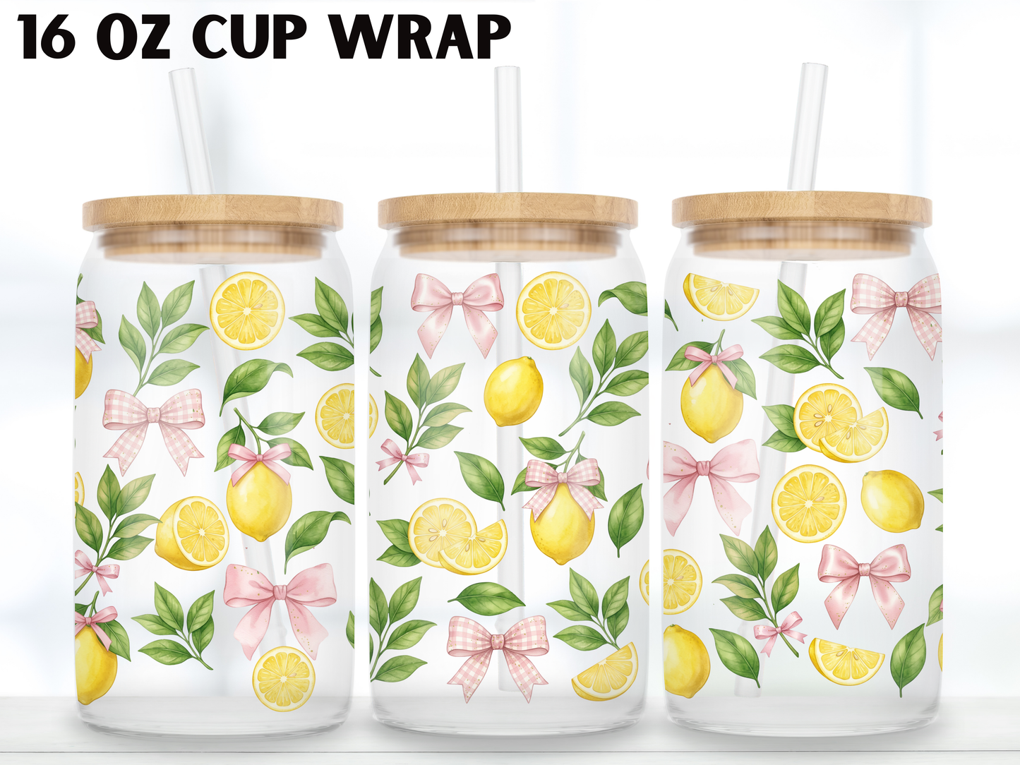 Lemon Bow 16oz Glass Can Wrap PNG, Watercolor Lemon Cup Wrap, Pink Bow Summer Libbey PNG