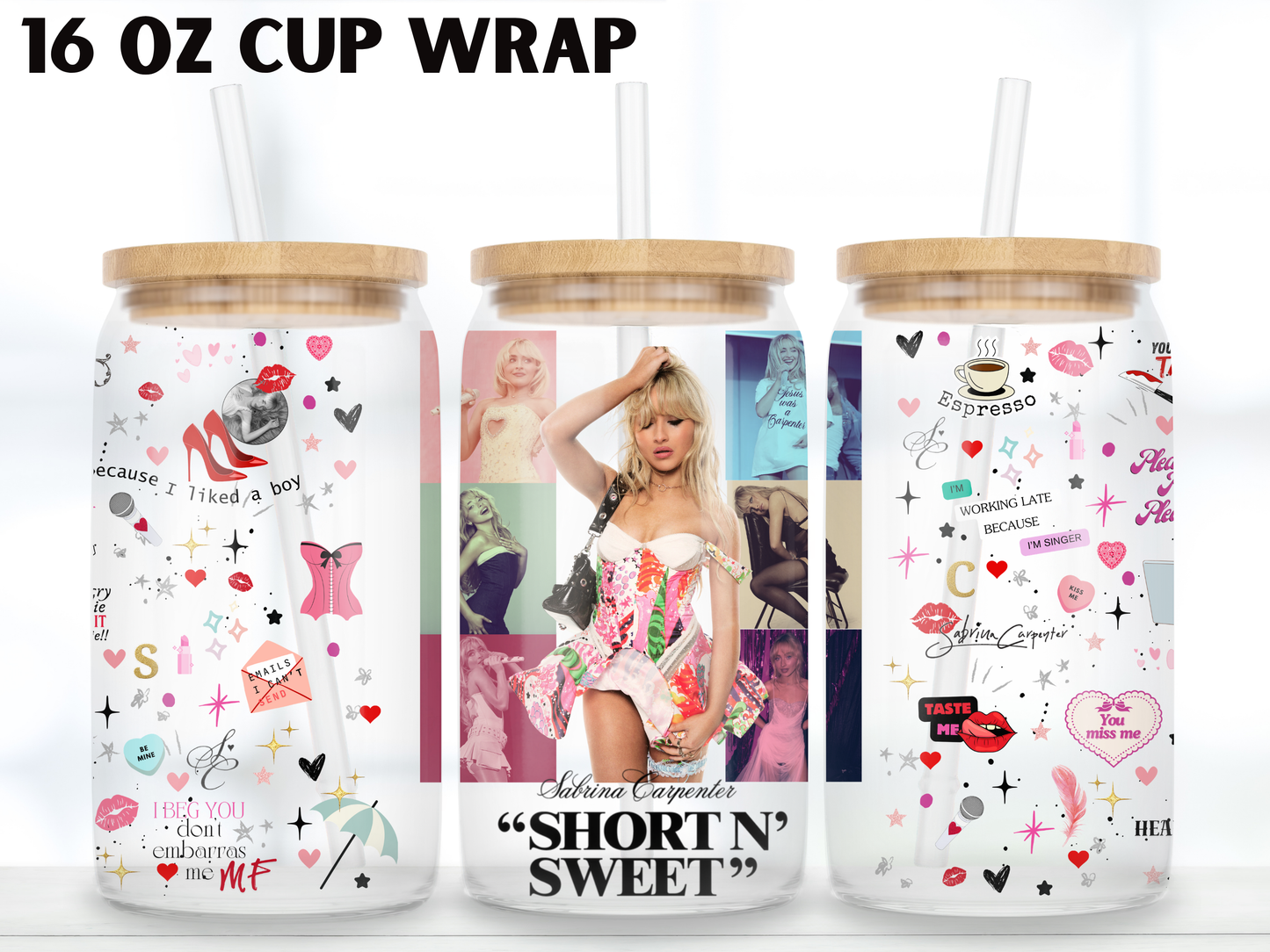Pop Star Collage 16oz Glass Can Wrap PNG, Pink Singer Fan Cup design