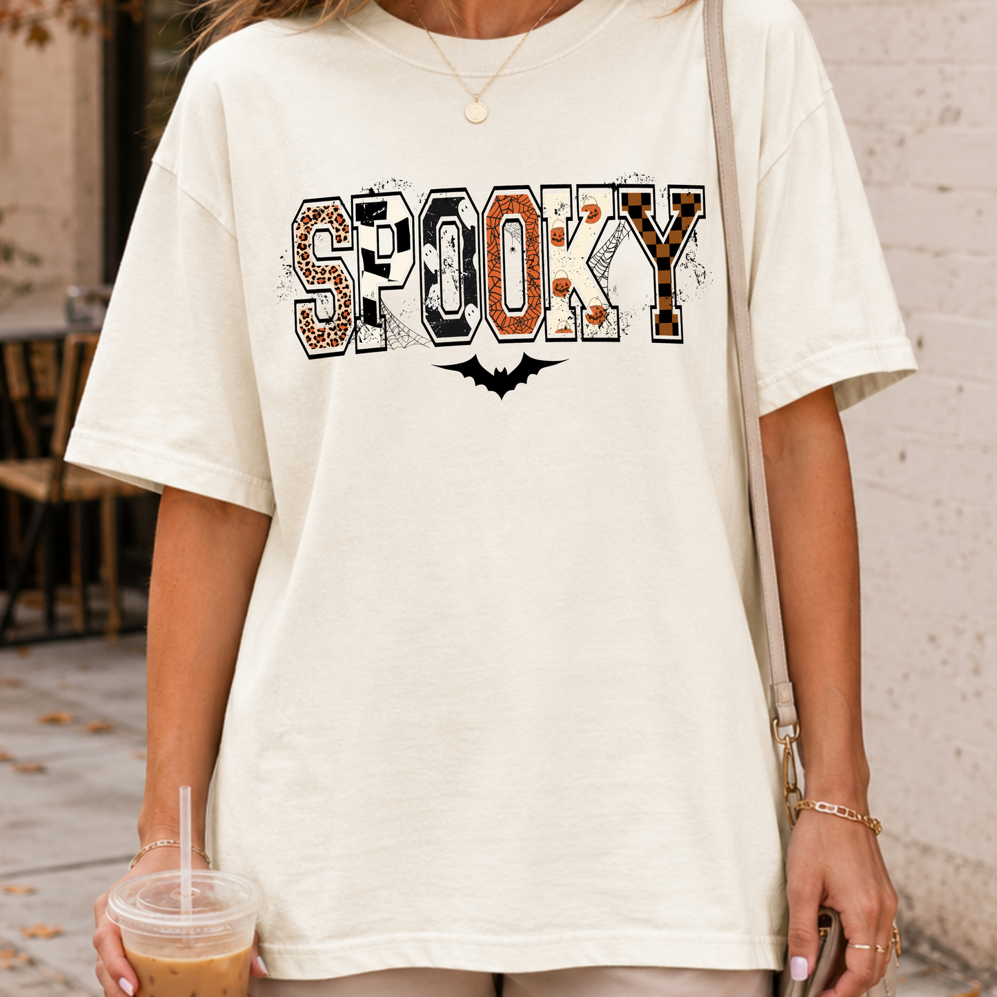 Spooky Pattern Letters PNG, Retro Halloween T-Shirt Design, Leopard Checker Sublimation Graphic