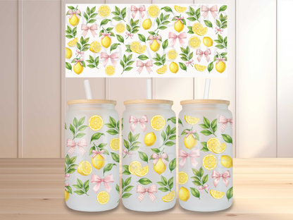 Lemon Bow 16oz Glass Can Wrap PNG, Watercolor Lemon Cup Wrap, Pink Bow Summer Libbey PNG