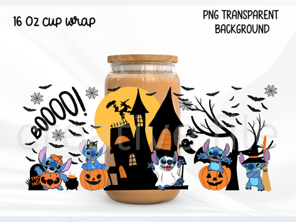 Cute Alien Halloween 16oz Glass Can Wrap PNG, Cartoon Haunted House Cup Wrap