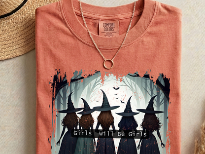 Girls Will Be Girls PNG, Witch Coven Halloween T-Shirt Design, Gothic Friendship Graphic