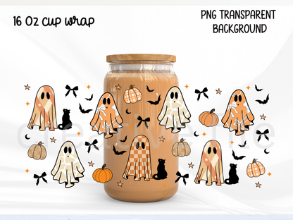 Boho Ghost Glass Can Wrap PNG, Spooky Checkdered Ghost Wrap