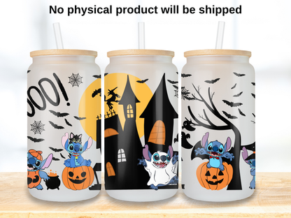 Cute Alien Halloween 16oz Glass Can Wrap PNG, Cartoon Haunted House Cup Wrap