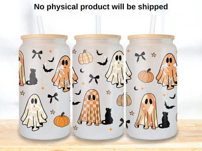 Boho Ghost Glass Can Wrap PNG, Spooky Checkdered Ghost Wrap