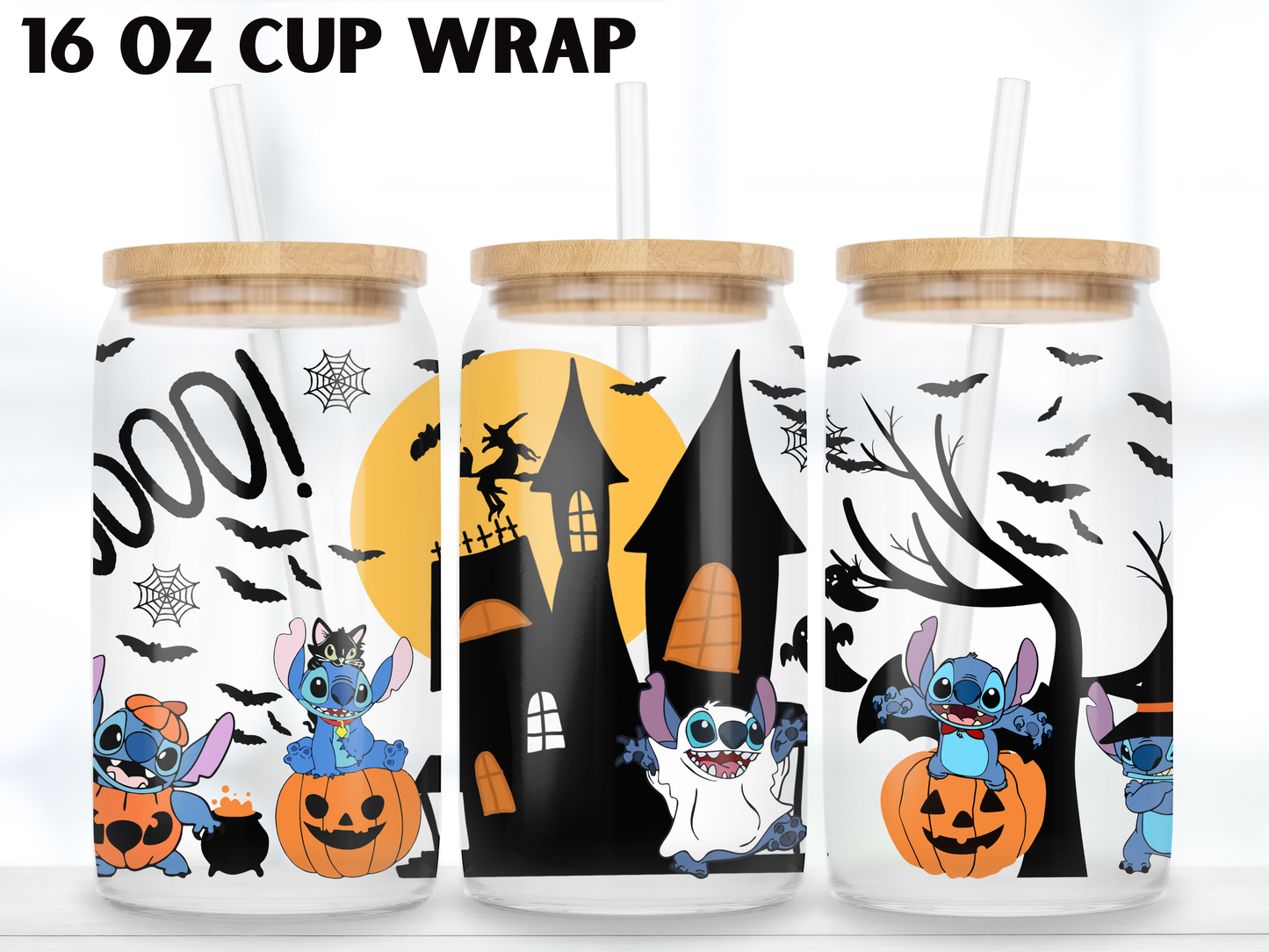 Cute Alien Halloween 16oz Glass Can Wrap PNG, Cartoon Haunted House Cup Wrap