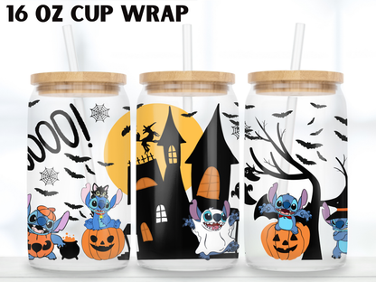 Cute Alien Halloween 16oz Glass Can Wrap PNG, Cartoon Haunted House Cup Wrap