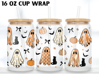 Boho Ghost Glass Can Wrap PNG, Spooky Checkdered Ghost Wrap