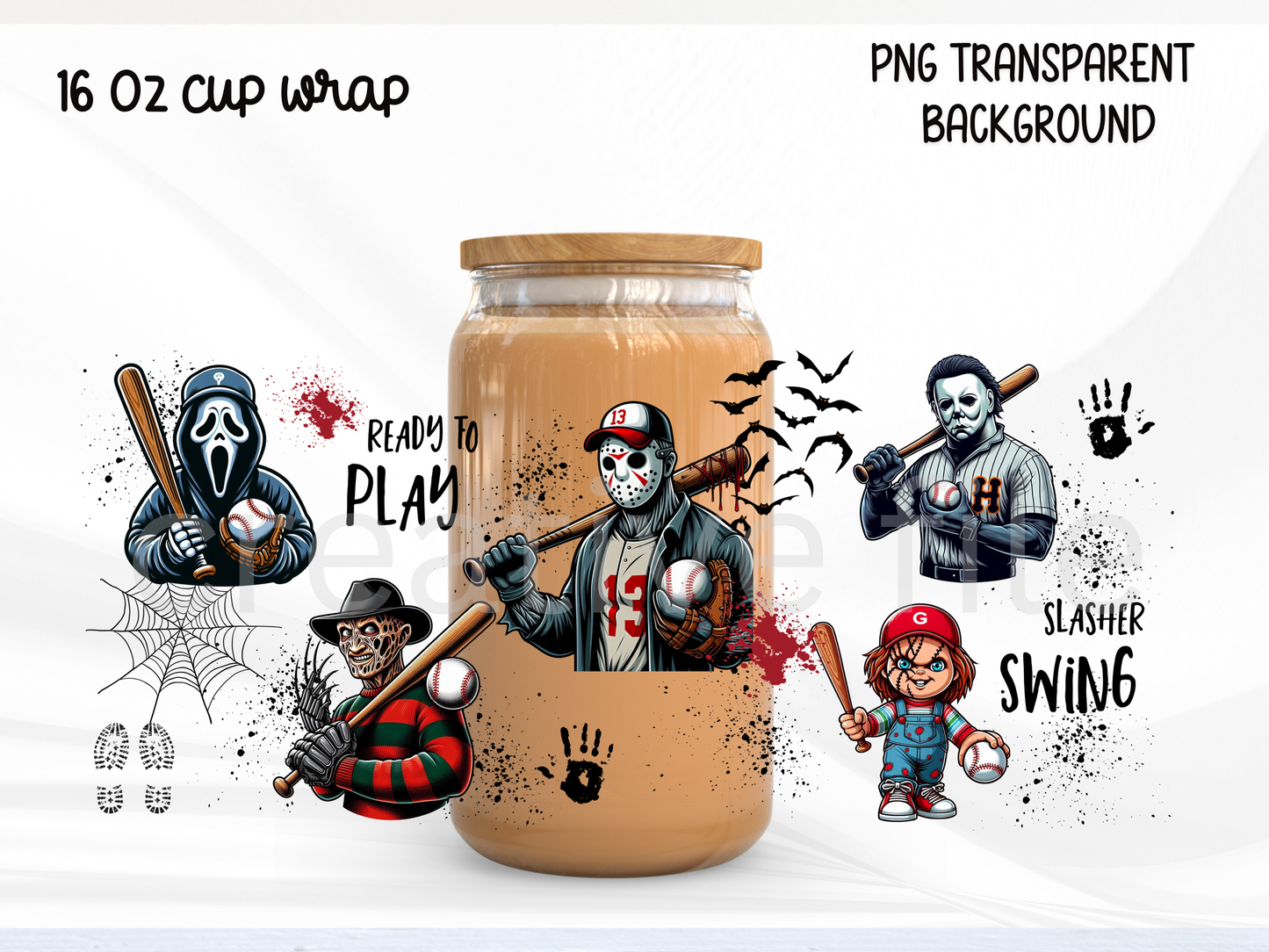 Horror Baseball Glass Can Wrap PNG, Slasher Movie Cup Wrap