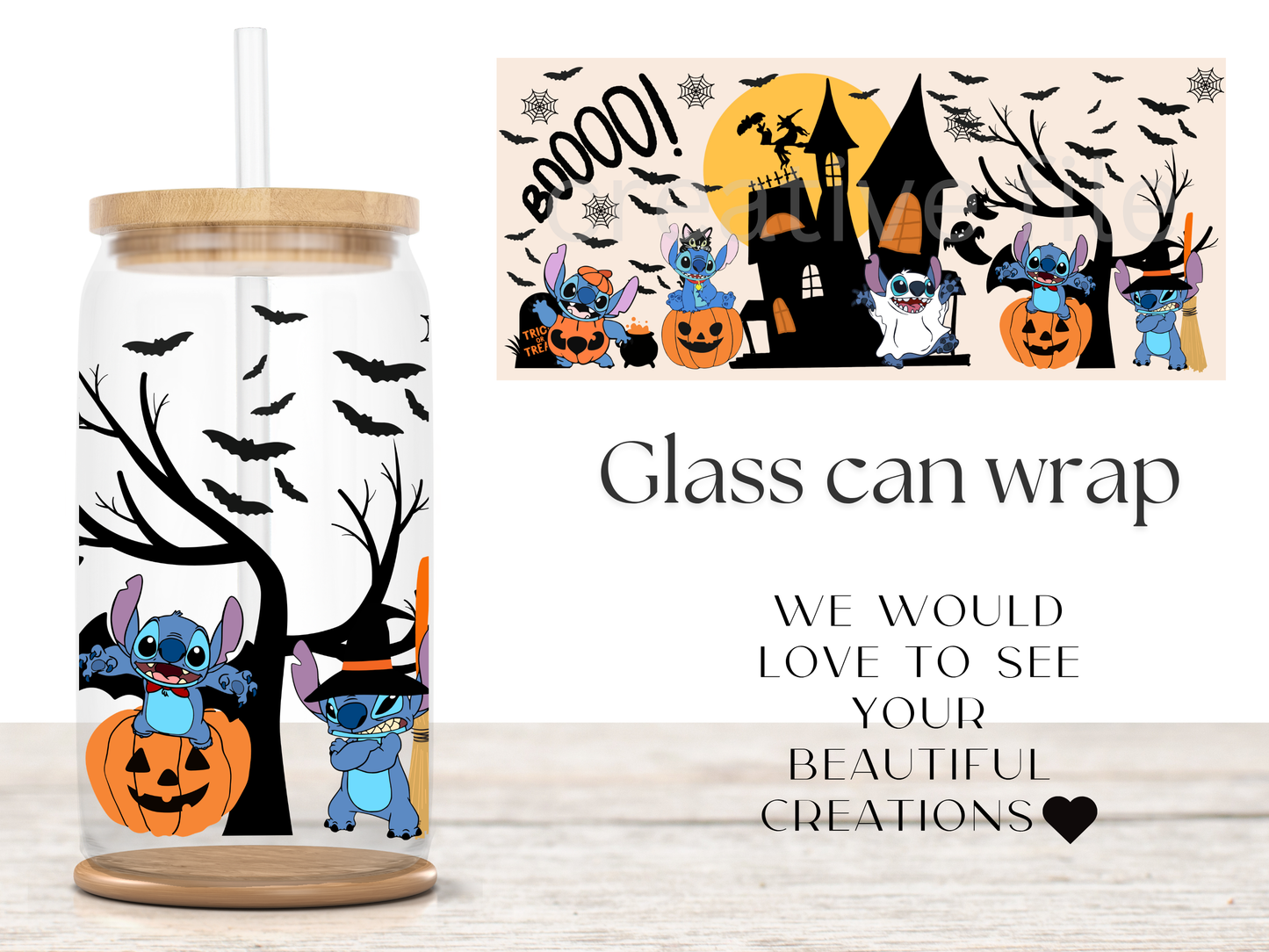 Cute Alien Halloween 16oz Glass Can Wrap PNG, Cartoon Haunted House Cup Wrap