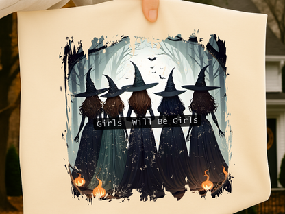 Girls Will Be Girls PNG, Witch Coven Halloween T-Shirt Design, Gothic Friendship Graphic
