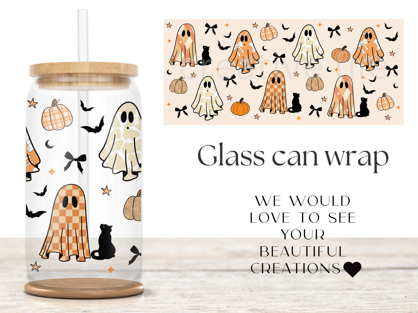 Boho Ghost Glass Can Wrap PNG, Spooky Checkdered Ghost Wrap