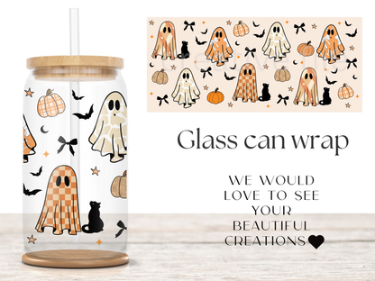Boho Ghost Glass Can Wrap PNG, Spooky Checkdered Ghost Wrap