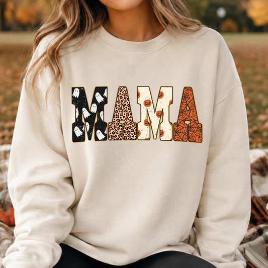 Halloween Mama PNG, Patterned Ghost Pumpkin T-Shirt Design, Spooky Mom Sublimation Graphic