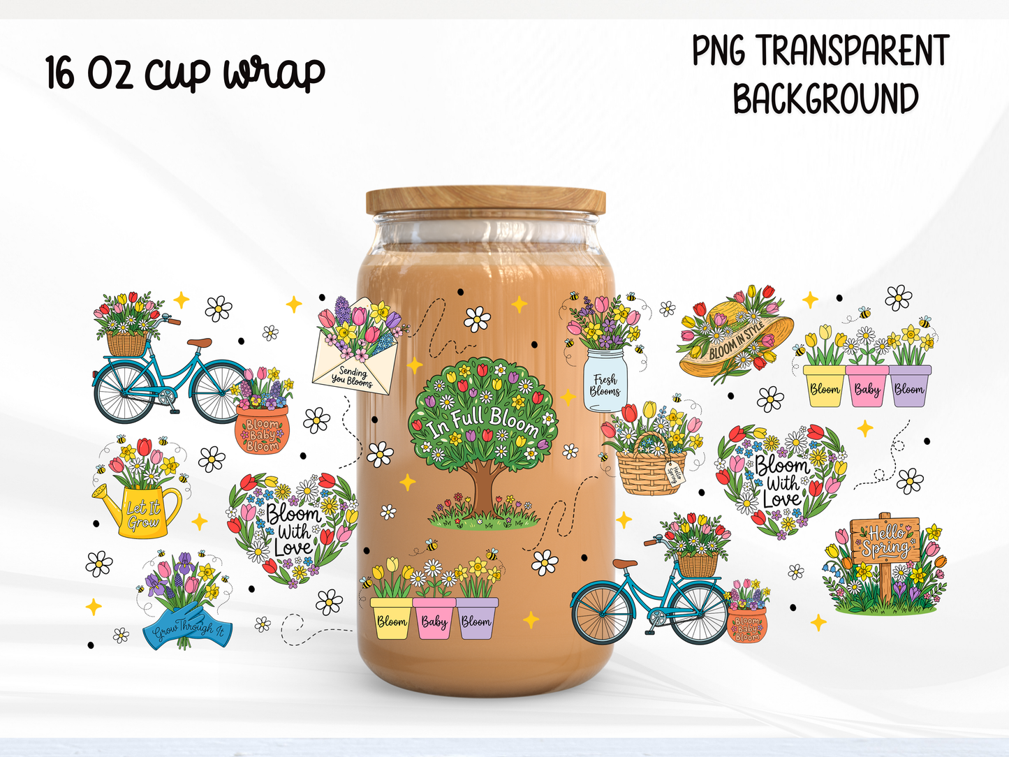 Spring Bloom 16oz Glass Can Wrap PNG, Floral Garden Cup Wrap, Daisy Tulip Libbey Design