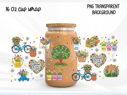 Spring Bloom 16oz Glass Can Wrap PNG, Floral Garden Cup Wrap, Daisy Tulip Libbey Design