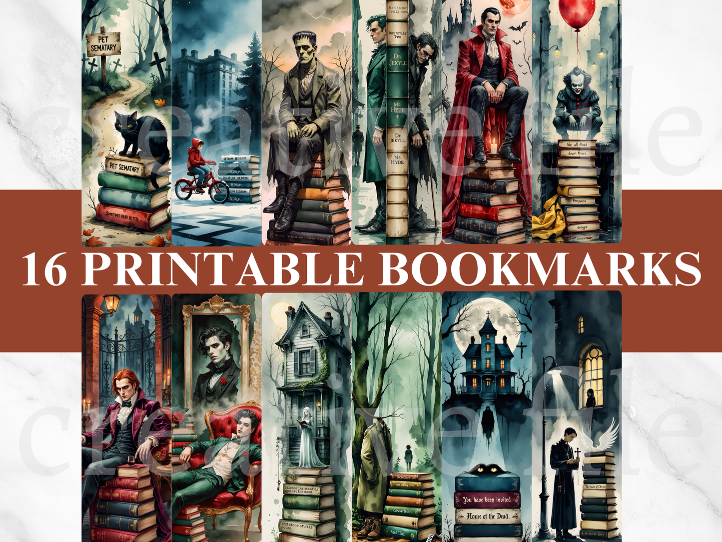16 Printable Horror Bookmarks Bundle, Gothic Classic Literature Bookmark Set