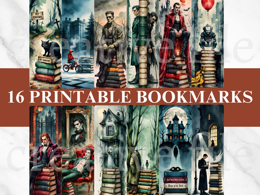 16 Printable Horror Bookmarks Bundle, Gothic Classic Literature Bookmark Set