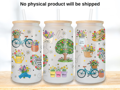 Spring Bloom 16oz Glass Can Wrap PNG, Floral Garden Cup Wrap, Daisy Tulip Libbey Design