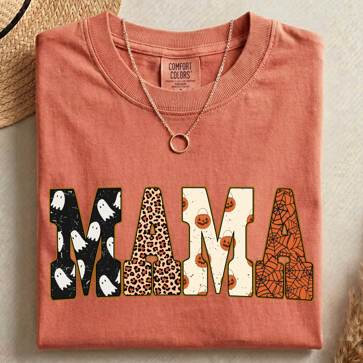 Halloween Mama PNG, Patterned Ghost Pumpkin T-Shirt Design, Spooky Mom Sublimation Graphic
