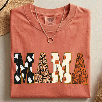 Halloween Mama PNG, Patterned Ghost Pumpkin T-Shirt Design, Spooky Mom Sublimation Graphic