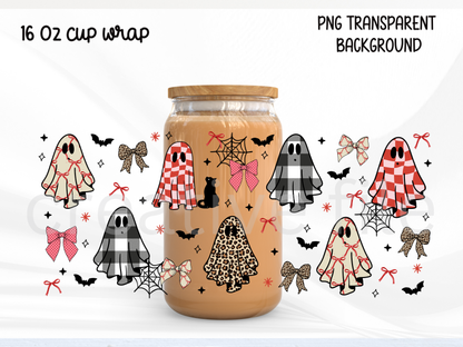 Coquette Ghost Glass Can Wrap PNG, Bow Halloween, Plaid Ghost Libbey Design