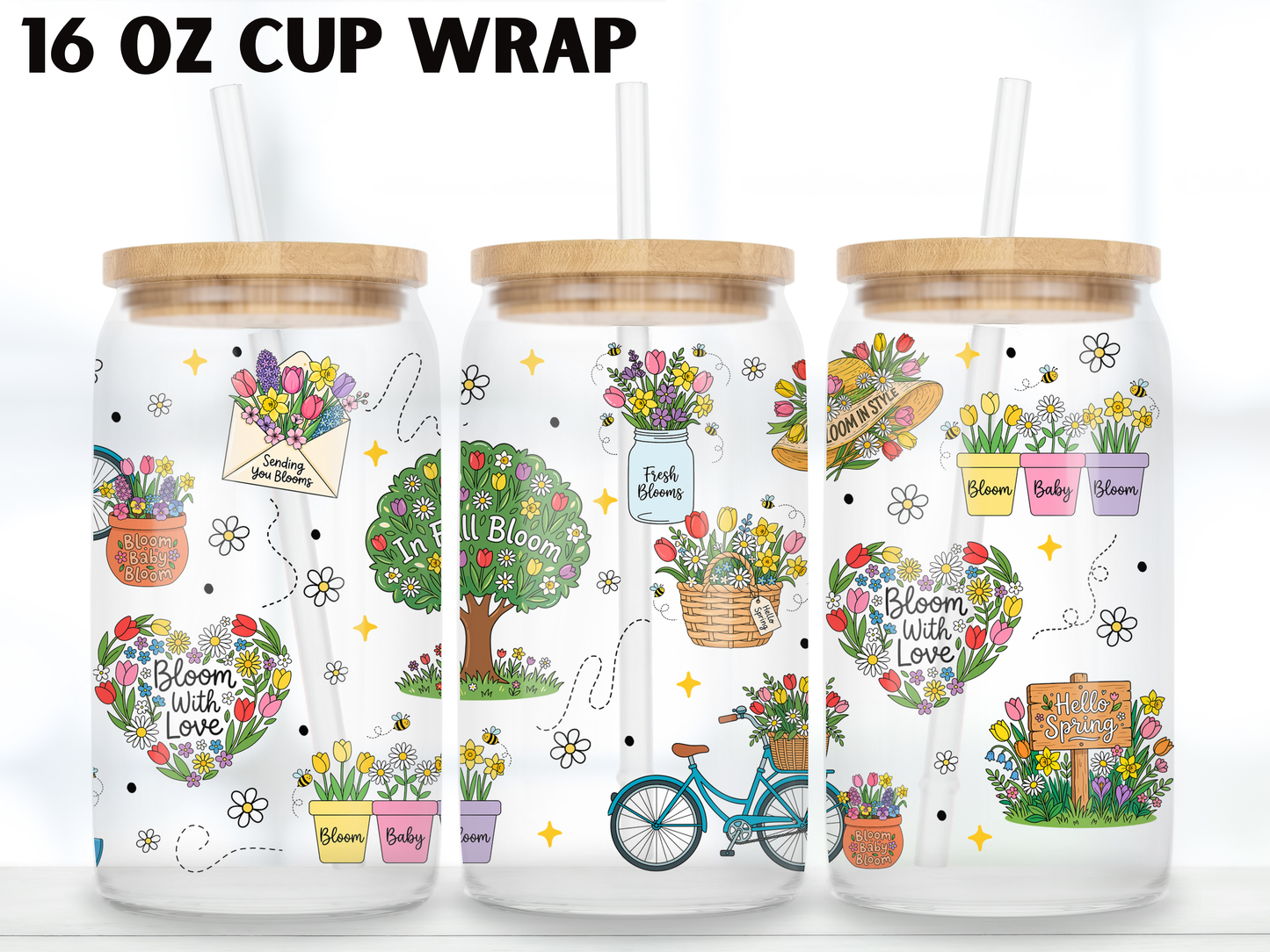 Spring Bloom 16oz Glass Can Wrap PNG, Floral Garden Cup Wrap, Daisy Tulip Libbey Design