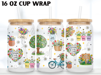 Spring Bloom 16oz Glass Can Wrap PNG, Floral Garden Cup Wrap, Daisy Tulip Libbey Design