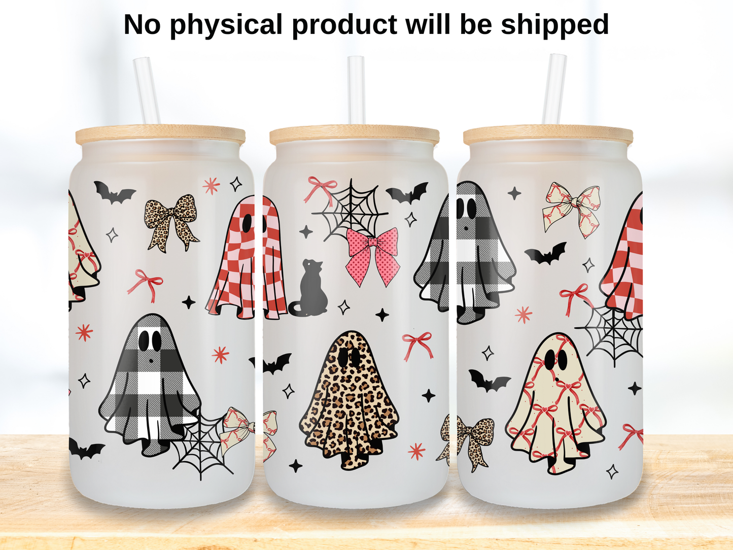 Coquette Ghost Glass Can Wrap PNG, Bow Halloween, Plaid Ghost Libbey Design