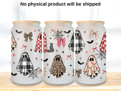 Coquette Ghost Glass Can Wrap PNG, Bow Halloween, Plaid Ghost Libbey Design