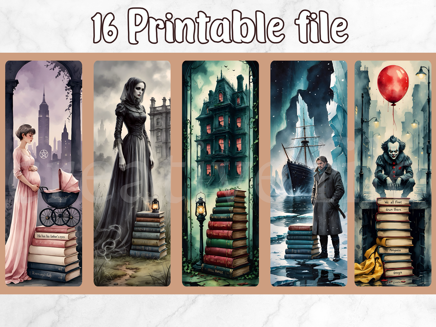 16 Printable Horror Bookmarks Bundle, Gothic Classic Literature Bookmark Set