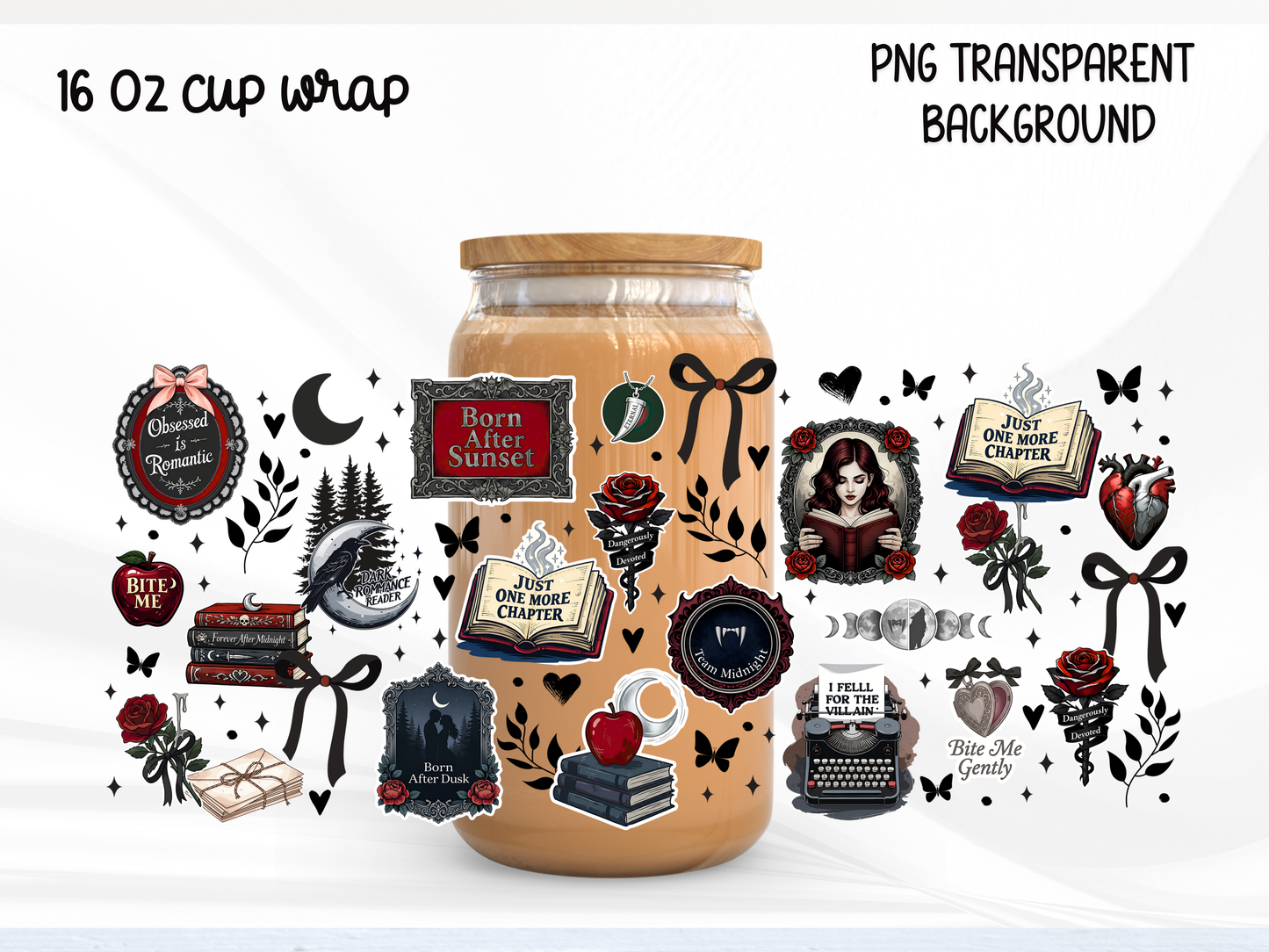 Dark Romance Reader 16oz Glass Can Wrap PNG, Gothic Book Lover Cup Wrap, Vampire Romance Libbey PNG