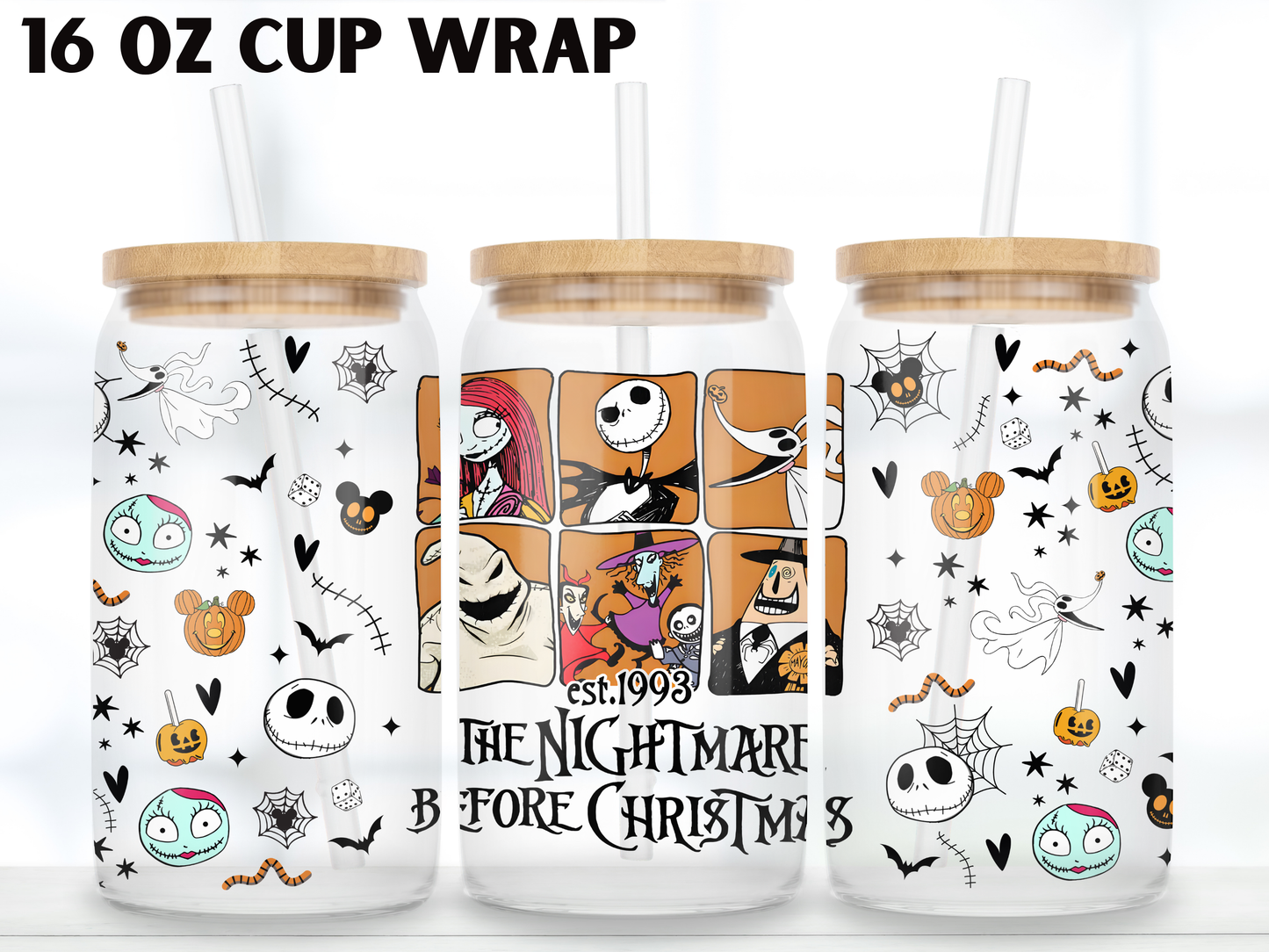 Spooky Skeleton 16oz Glass Can Wrap PNG, Halloween Movie Character Cup design