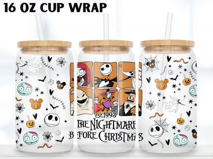 Spooky Skeleton 16oz Glass Can Wrap PNG, Halloween Movie Character Cup design