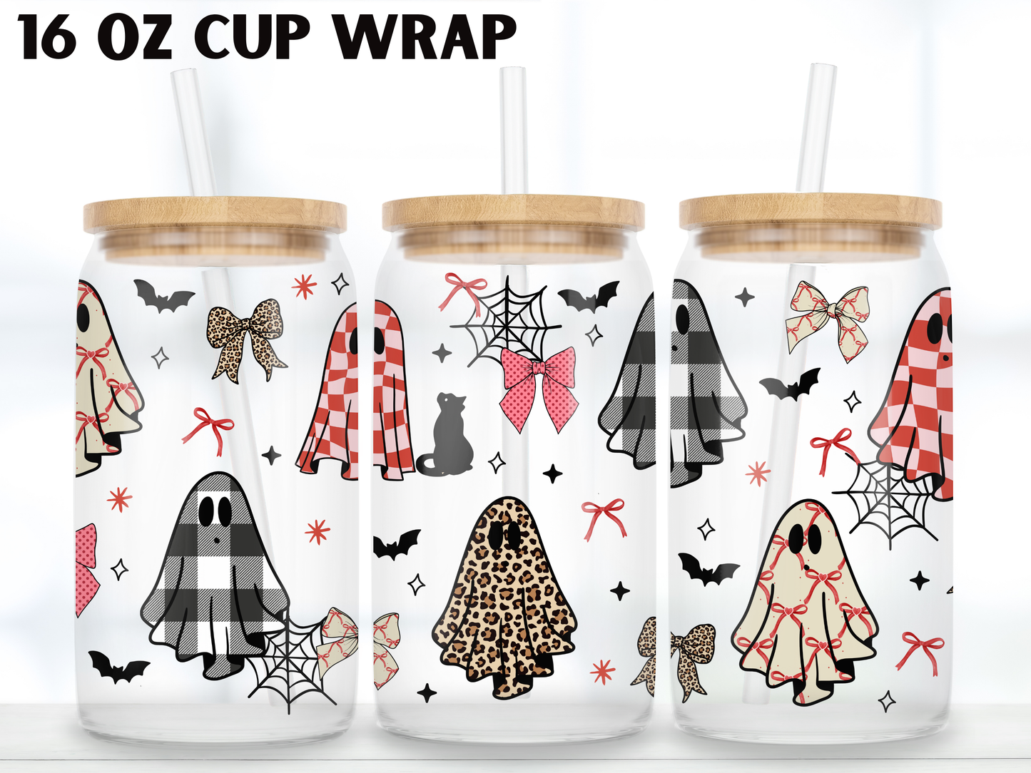 Coquette Ghost Glass Can Wrap PNG, Bow Halloween, Plaid Ghost Libbey Design