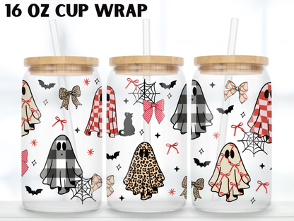 Coquette Ghost Glass Can Wrap PNG, Bow Halloween, Plaid Ghost Libbey Design