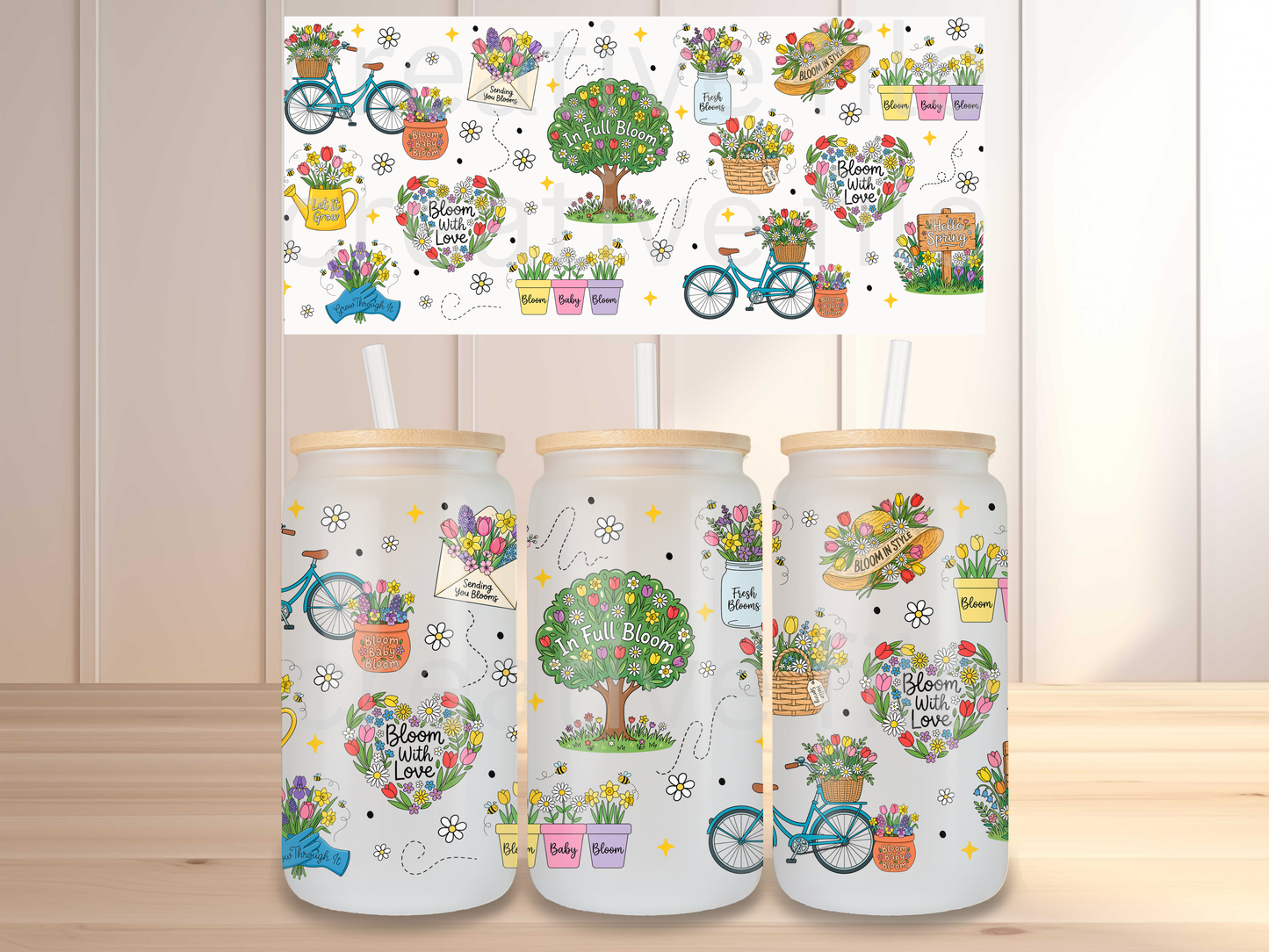 Spring Bloom 16oz Glass Can Wrap PNG, Floral Garden Cup Wrap, Daisy Tulip Libbey Design