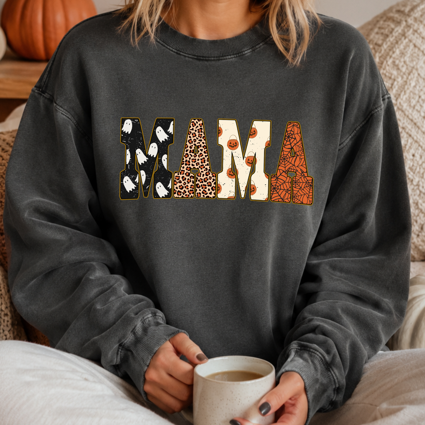 Halloween Mama PNG, Patterned Ghost Pumpkin T-Shirt Design, Spooky Mom Sublimation Graphic