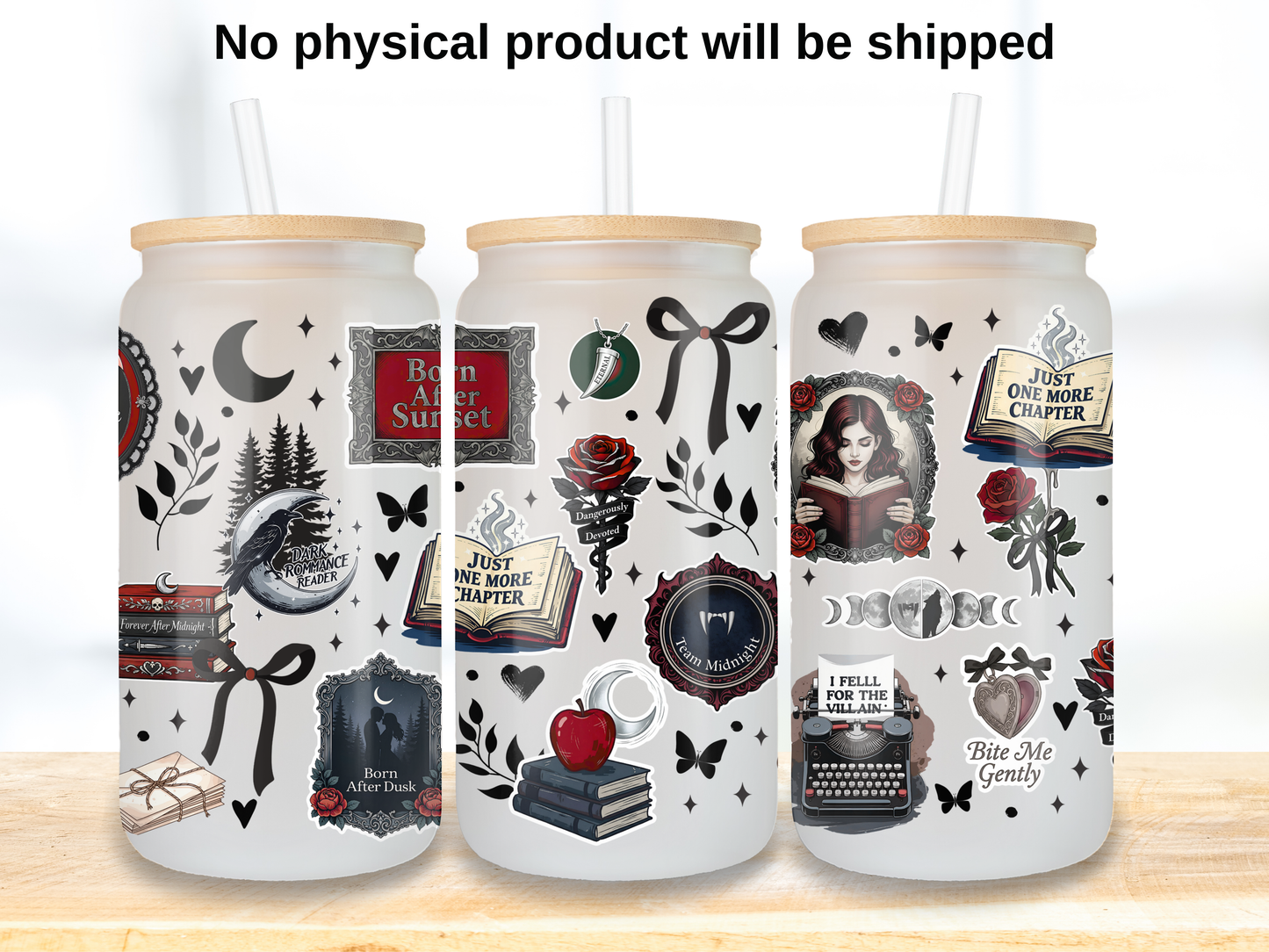 Dark Romance Reader 16oz Glass Can Wrap PNG, Gothic Book Lover Cup Wrap, Vampire Romance Libbey PNG