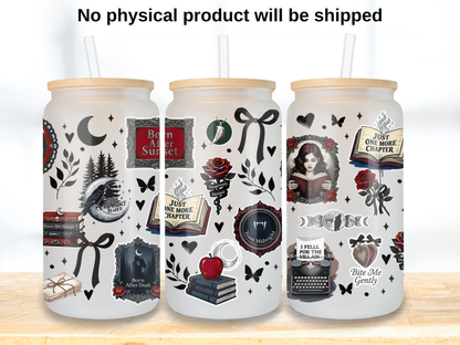 Dark Romance Reader 16oz Glass Can Wrap PNG, Gothic Book Lover Cup Wrap, Vampire Romance Libbey PNG