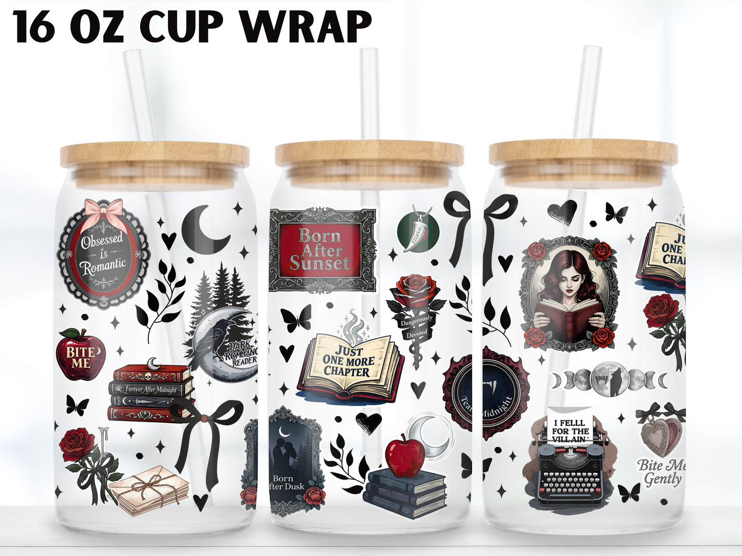 Dark Romance Reader 16oz Glass Can Wrap PNG, Gothic Book Lover Cup Wrap, Vampire Romance Libbey PNG