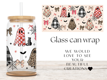 Coquette Ghost Glass Can Wrap PNG, Bow Halloween, Plaid Ghost Libbey Design