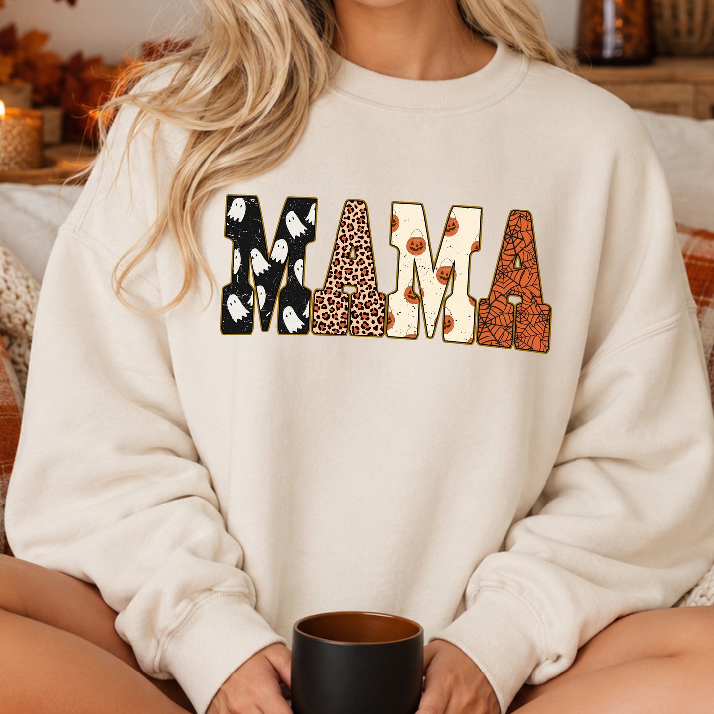 Halloween Mama PNG, Patterned Ghost Pumpkin T-Shirt Design, Spooky Mom Sublimation Graphic
