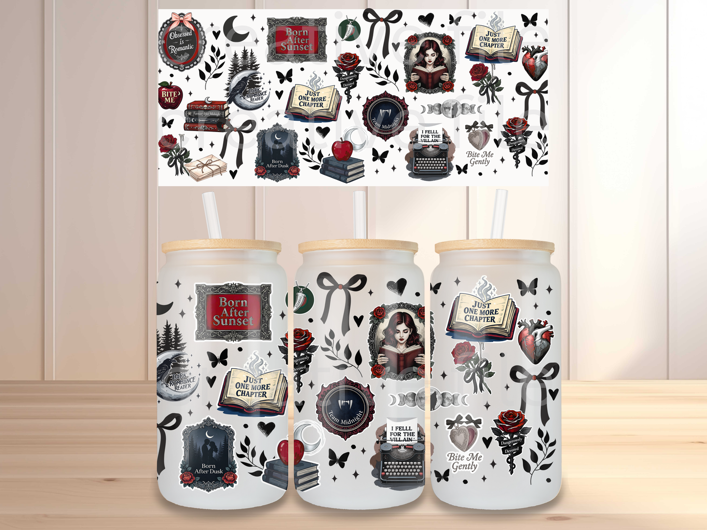 Dark Romance Reader 16oz Glass Can Wrap PNG, Gothic Book Lover Cup Wrap, Vampire Romance Libbey PNG