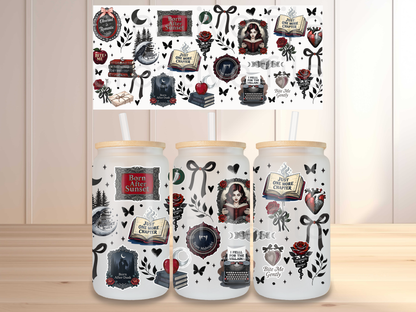 Dark Romance Reader 16oz Glass Can Wrap PNG, Gothic Book Lover Cup Wrap, Vampire Romance Libbey PNG