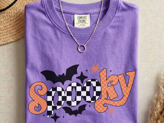 Retro Spooky PNG, Orange Checker Halloween T-Shirt Design, Bat Sublimation Graphic